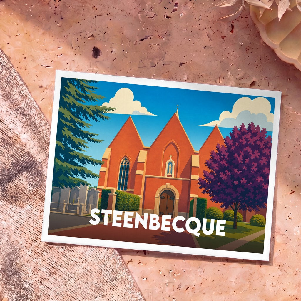 Carte postale souvenir de la ville de Steenbecque illustrant son église dans un style graphique épuré.