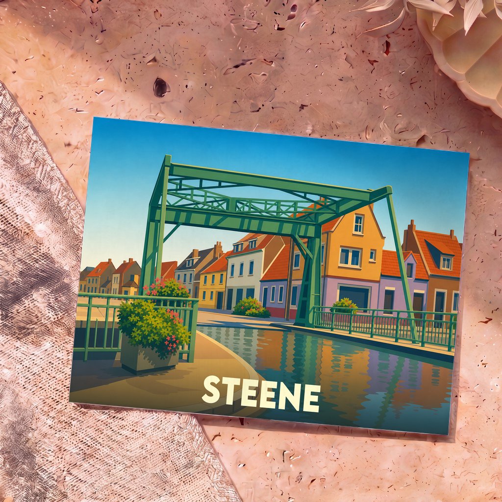 Carte postale souvenir de la ville de Steene avec une illustration stylisée d'un pont levant au-dessus d'un canal.