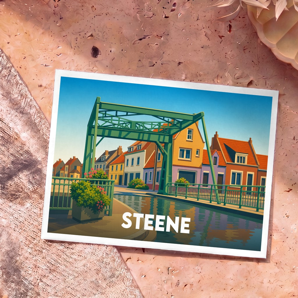Carte postale souvenir de la ville de Steene avec une illustration stylisée d'un pont levant au-dessus d'un canal.