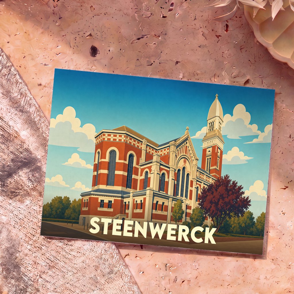 Carte postale souvenir de la ville de Steenwerck avec une illustration stylisée de son église.