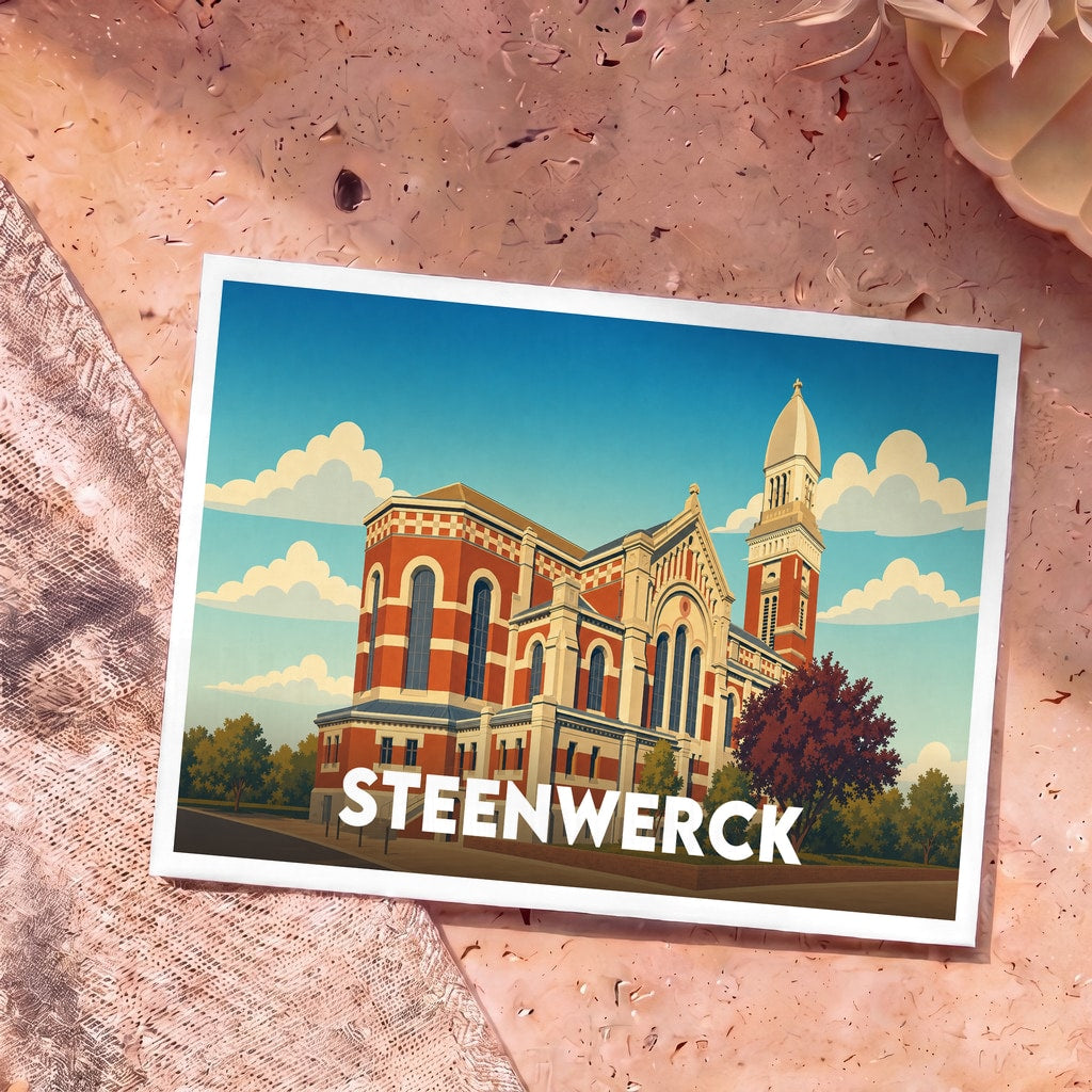 Carte postale souvenir de la ville de Steenwerck avec une illustration stylisée de son église.