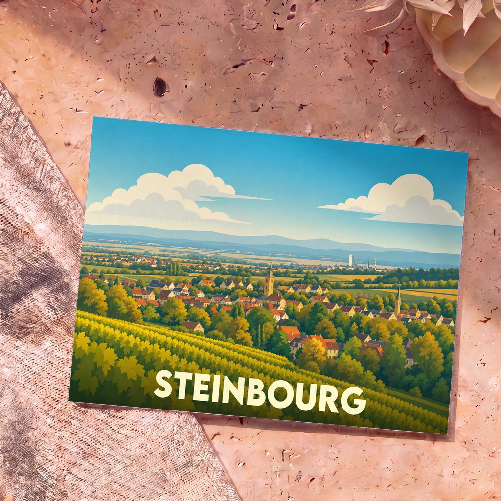 Carte postale souvenir de la ville de Steinbourg illustrant un paysage de vignobles et de village au style graphique épuré.