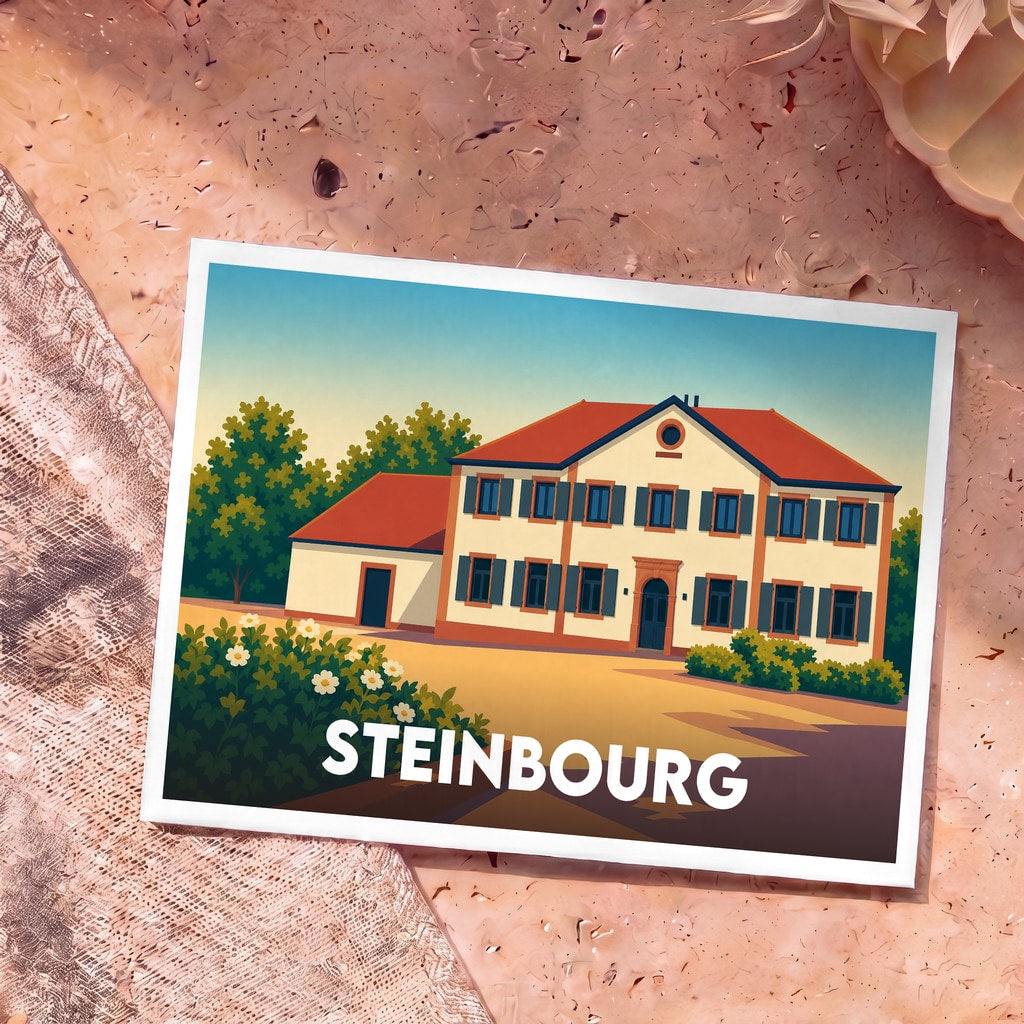 Carte postale souvenir de la ville de Steinbourg illustrant une demeure traditionnelle alsacienne dans un style graphique épuré.