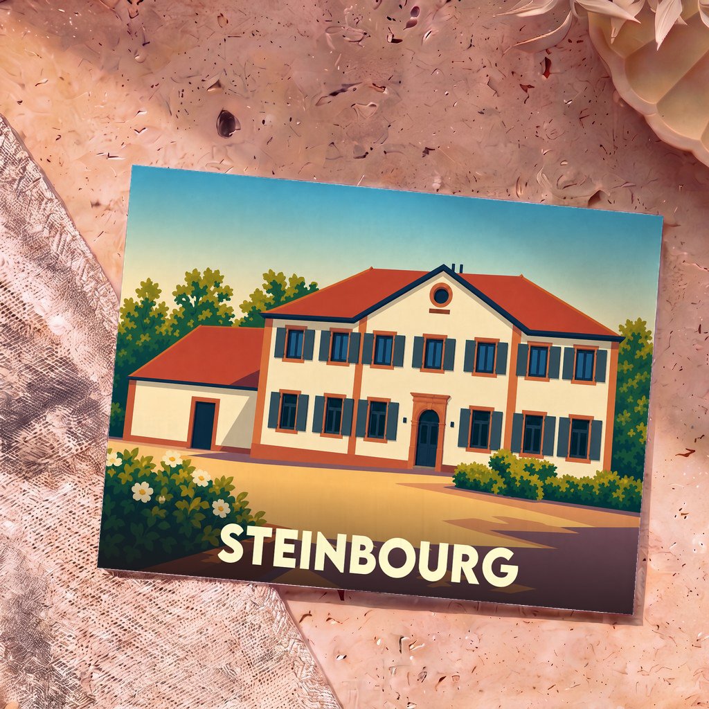 Carte postale souvenir de la ville de Steinbourg illustrant une demeure traditionnelle alsacienne dans un style graphique épuré.
