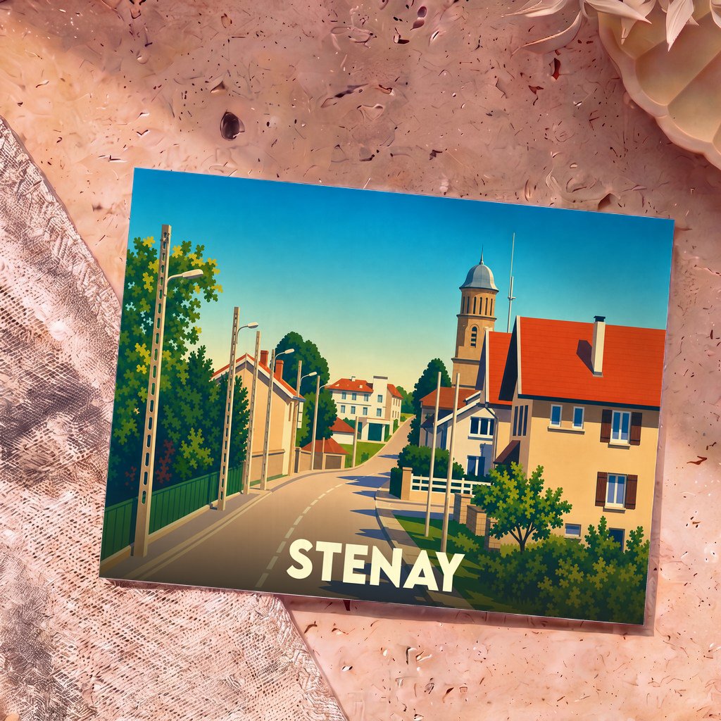 Carte postale souvenir de la ville de Stenay avec une illustration stylisée et colorée.