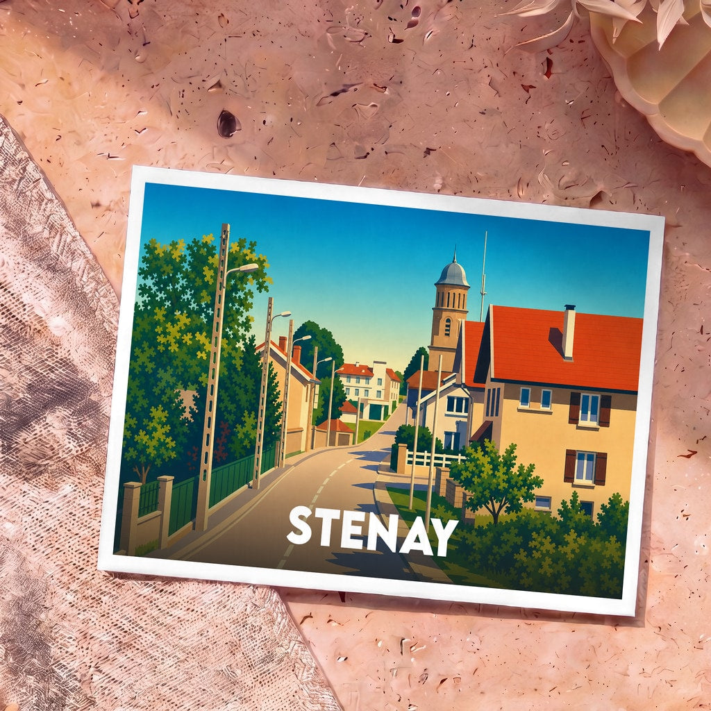 Carte postale souvenir de la ville de Stenay avec une illustration stylisée et colorée.