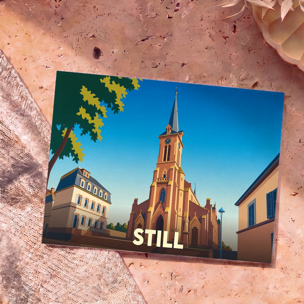 Carte postale souvenir de la ville de Still avec une illustration stylisée de son église.
