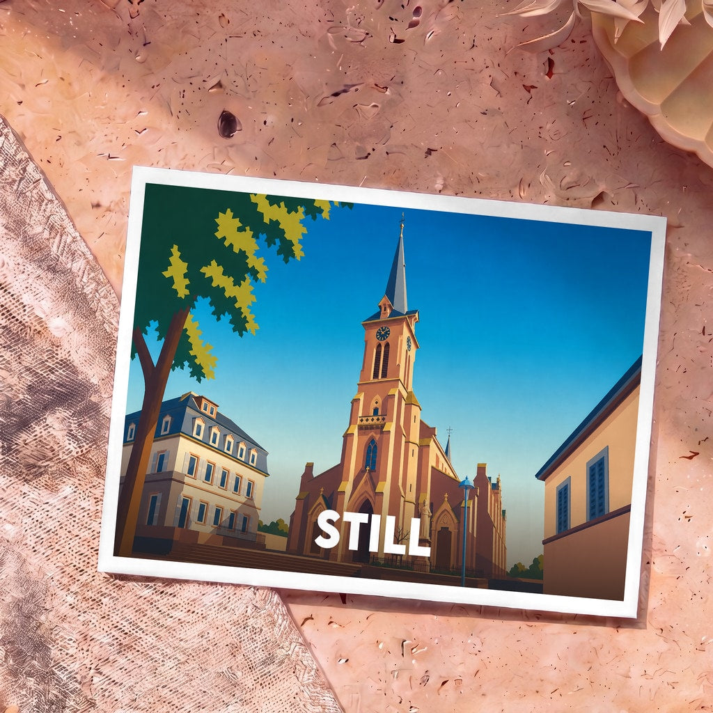 Carte postale souvenir de la ville de Still avec une illustration stylisée de son église.