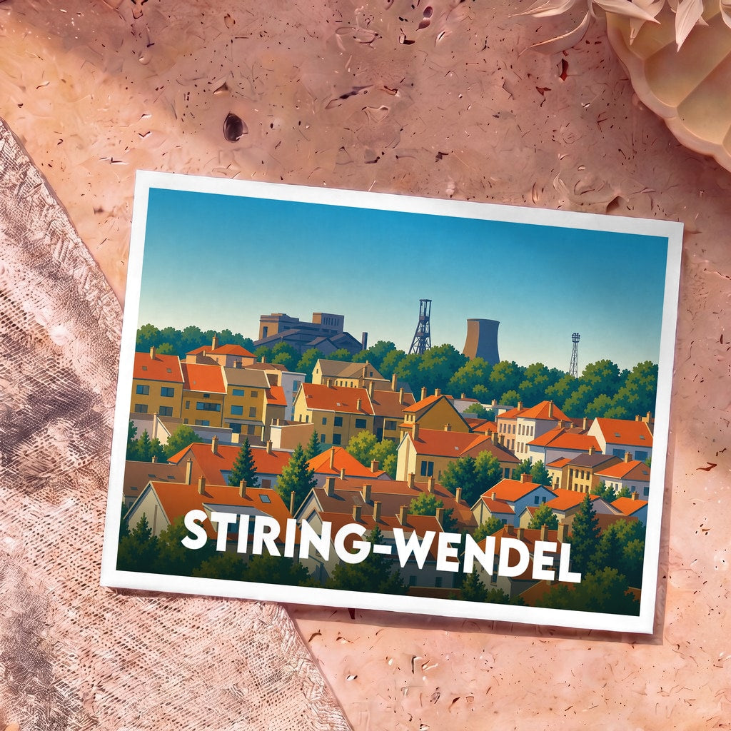Carte postale souvenir de la ville de Stiring-Wendel avec une illustration stylisée de ses maisons et de son patrimoine industriel.