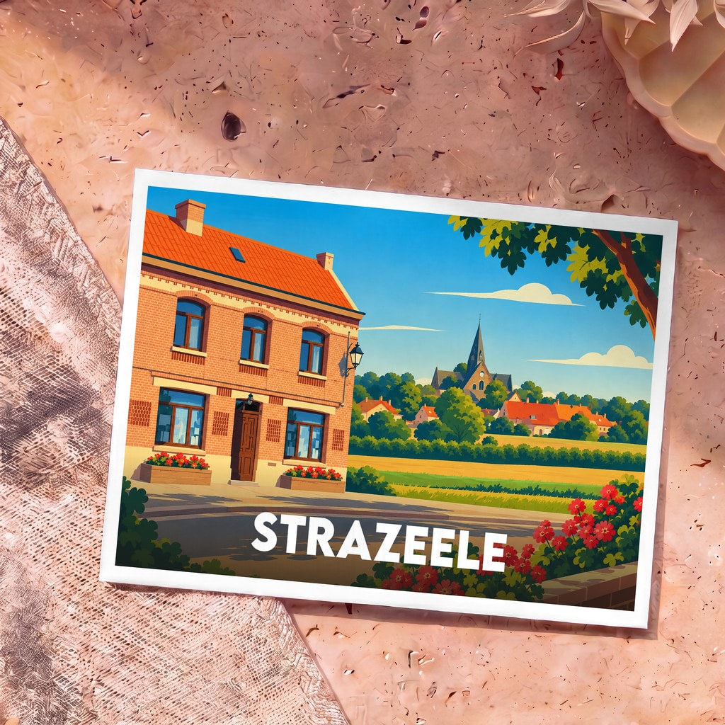 Carte postale souvenir de la ville de Strazeele avec une illustration stylisée.