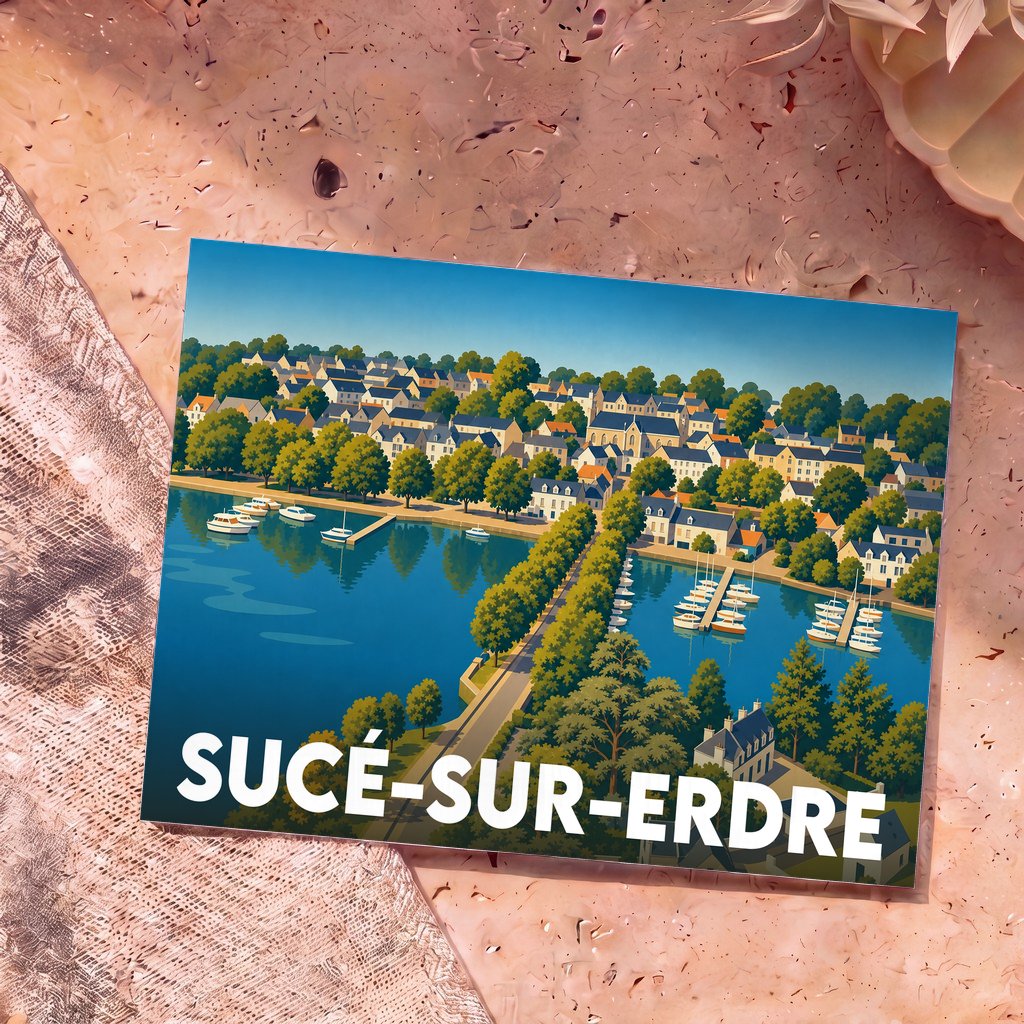 Carte postale souvenir de la ville de Sucé-sur-Erdre avec une illustration stylisée de son port et de son front de mer.