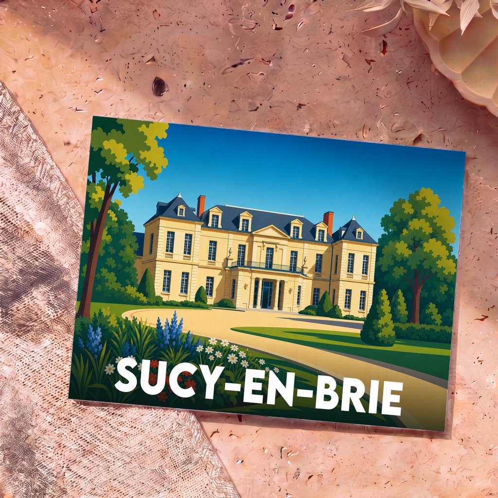 Carte postale souvenir de la ville de Sucy-en-Brie illustrant un château majestueux dans un style graphique épuré.