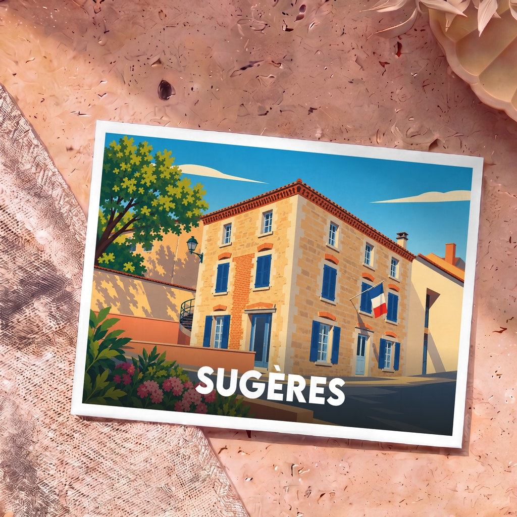 Carte postale souvenir de la ville de Sugères avec une illustration stylisée d'un bâtiment typique.