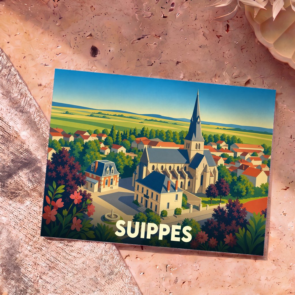 Carte postale souvenir de la ville de Suippes avec une illustration stylisée de son église et de ses maisons.