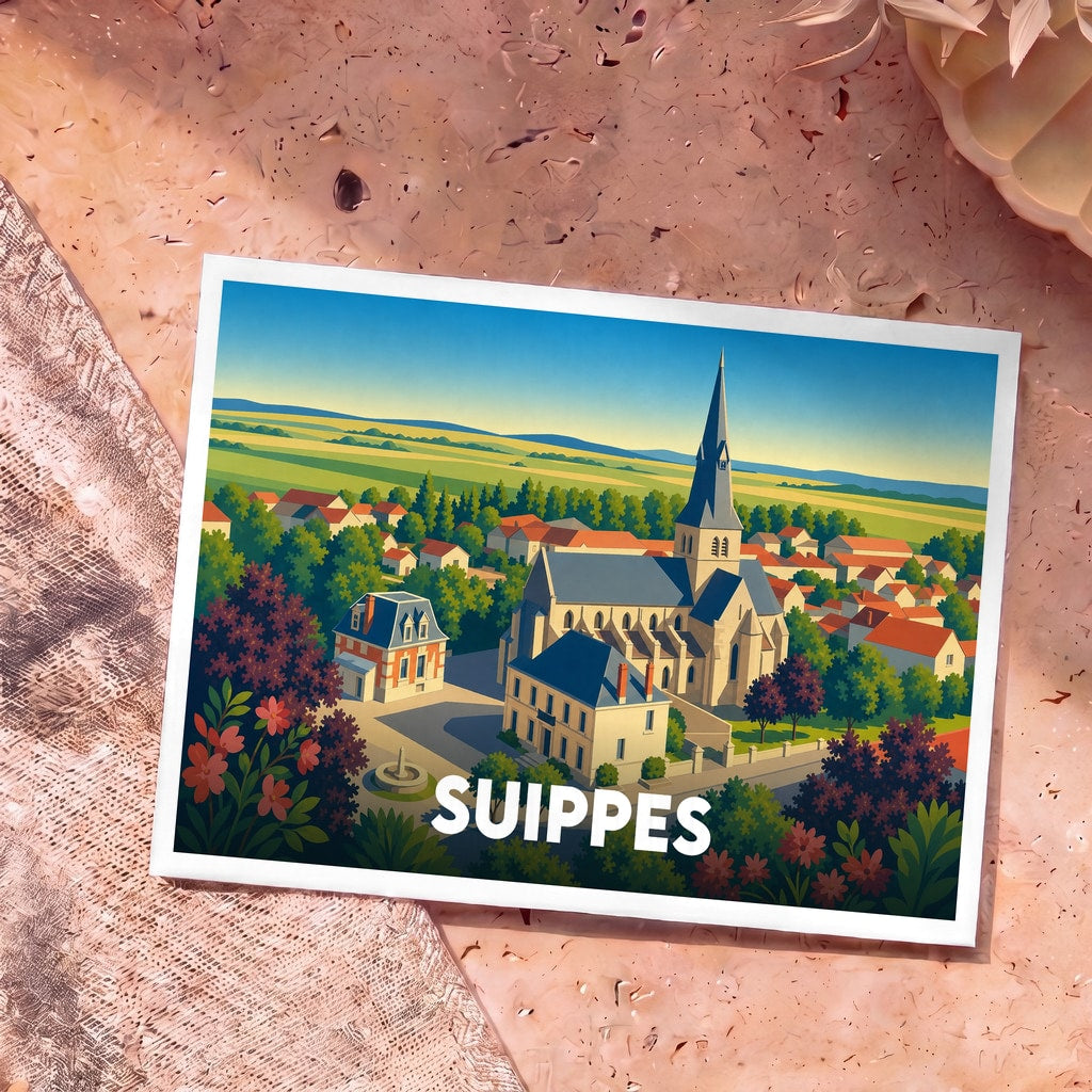 Carte postale souvenir de la ville de Suippes avec une illustration stylisée de son église et de ses maisons.
