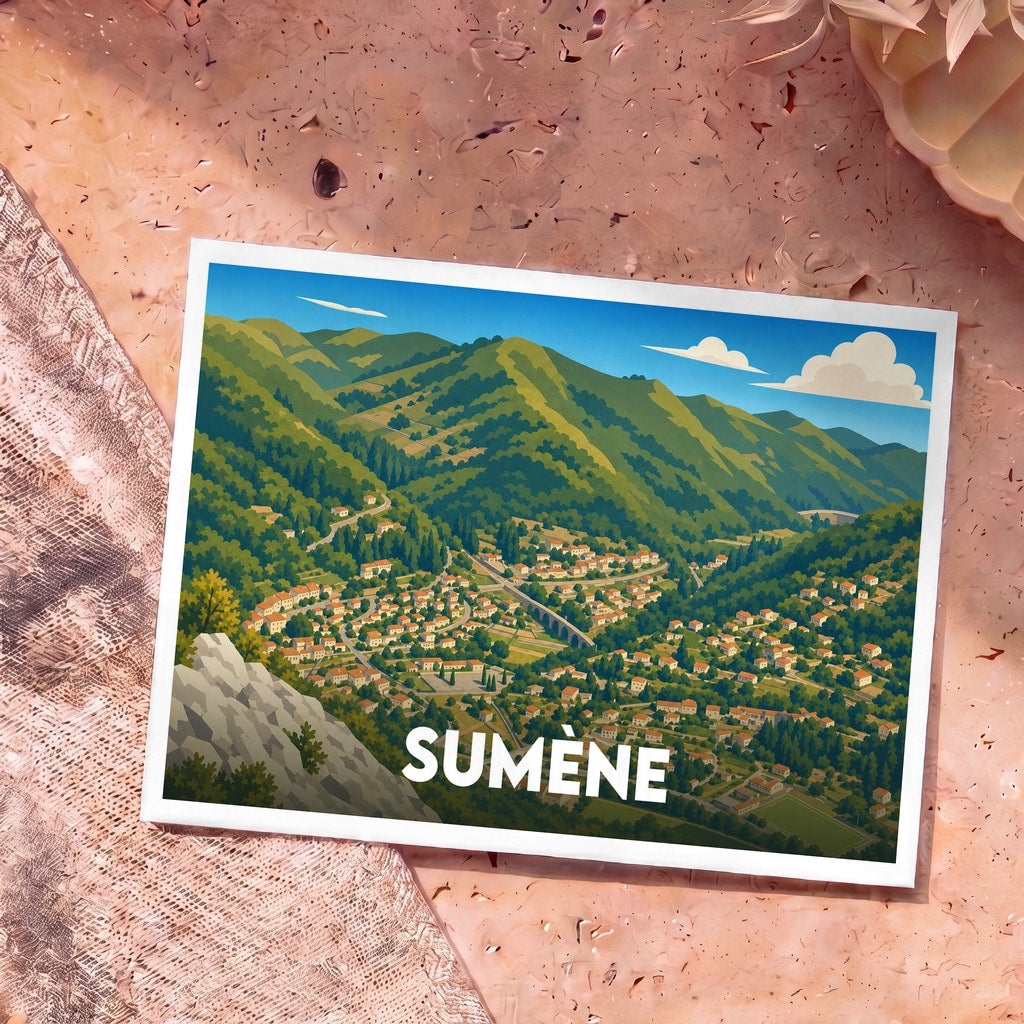 Carte postale souvenir de la ville de Sumène avec une illustration stylisée d'un village niché au cœur de montagnes verdoyantes.