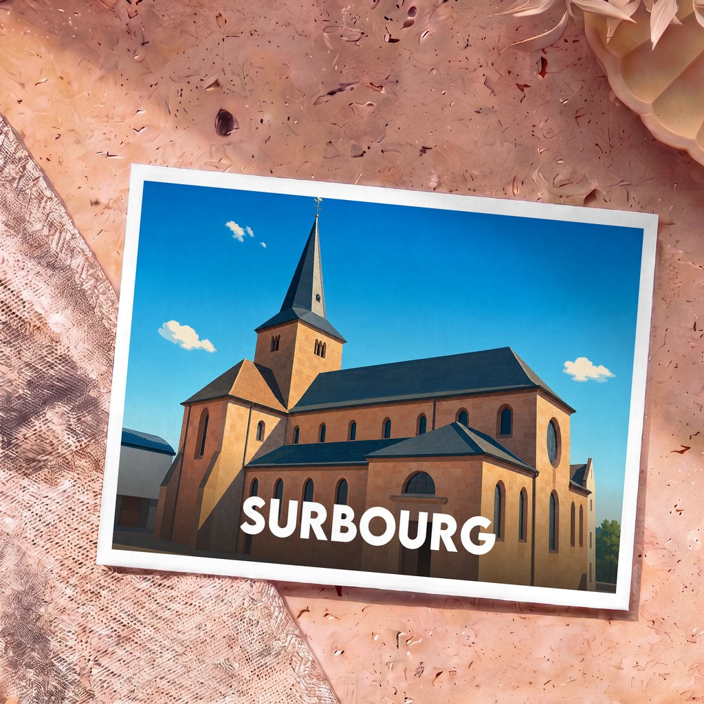 Carte postale souvenir de la ville de Surbourg avec une illustration stylisée de son église.