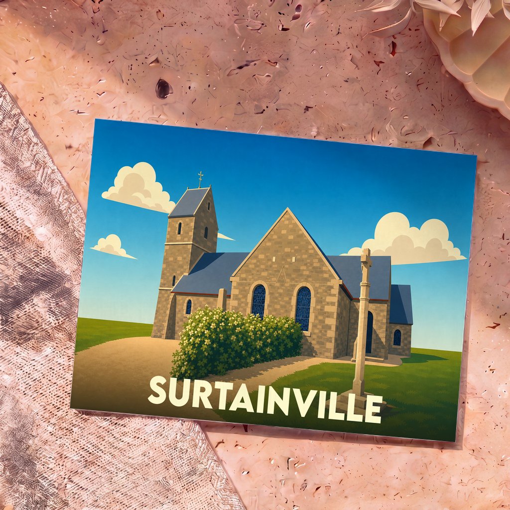 Carte postale souvenir de la ville de Surtainville avec une illustration stylisée d'une église en pierre.
