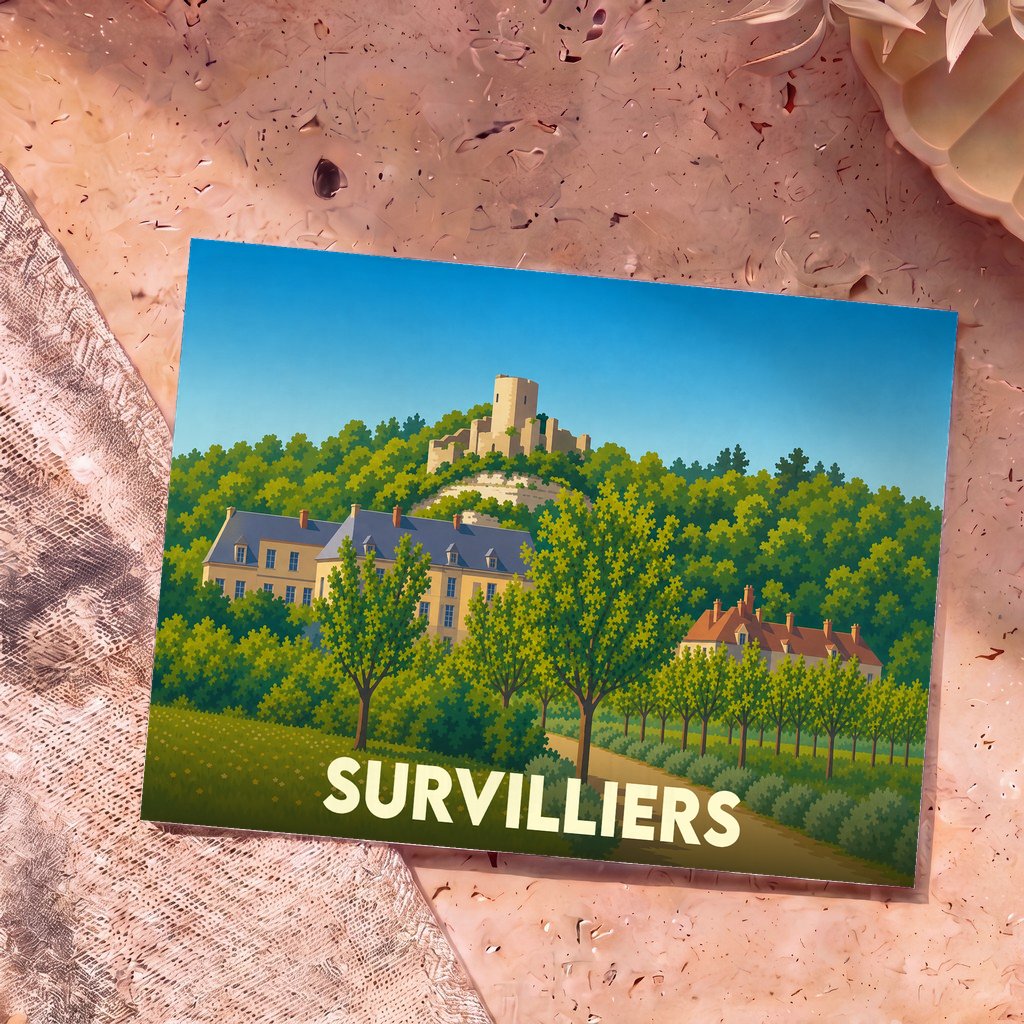 Carte postale souvenir de la ville de Survilliers avec une illustration stylisée de son paysage et de son patrimoine.