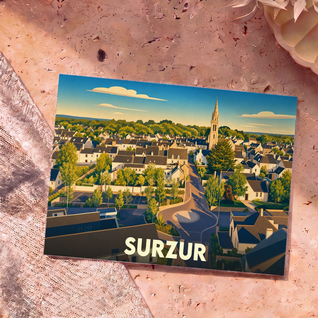 Carte postale souvenir de la ville de Surzur avec une illustration stylisée et colorée.