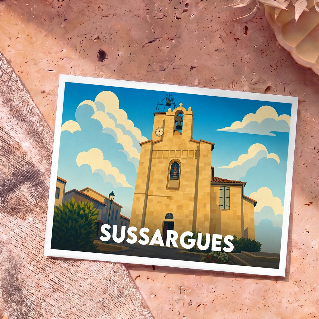 Carte postale souvenir de la ville de Sussargues avec une illustration stylisée de son église sous un ciel nuageux.