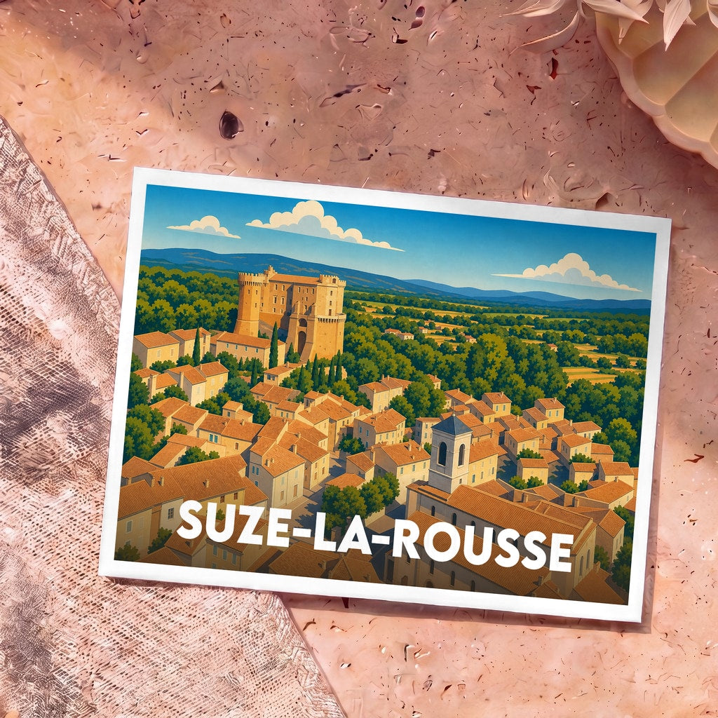 Carte postale souvenir de la ville de Suze-la-Rousse avec une illustration stylisée du village et de son château.