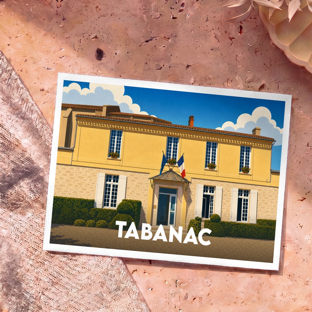 Carte postale souvenir de la ville de Tabanac avec une illustration stylisée de sa mairie.