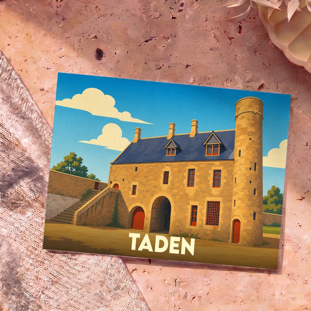 Carte postale souvenir de la ville de Taden illustrant un manoir historique dans un style graphique épuré.