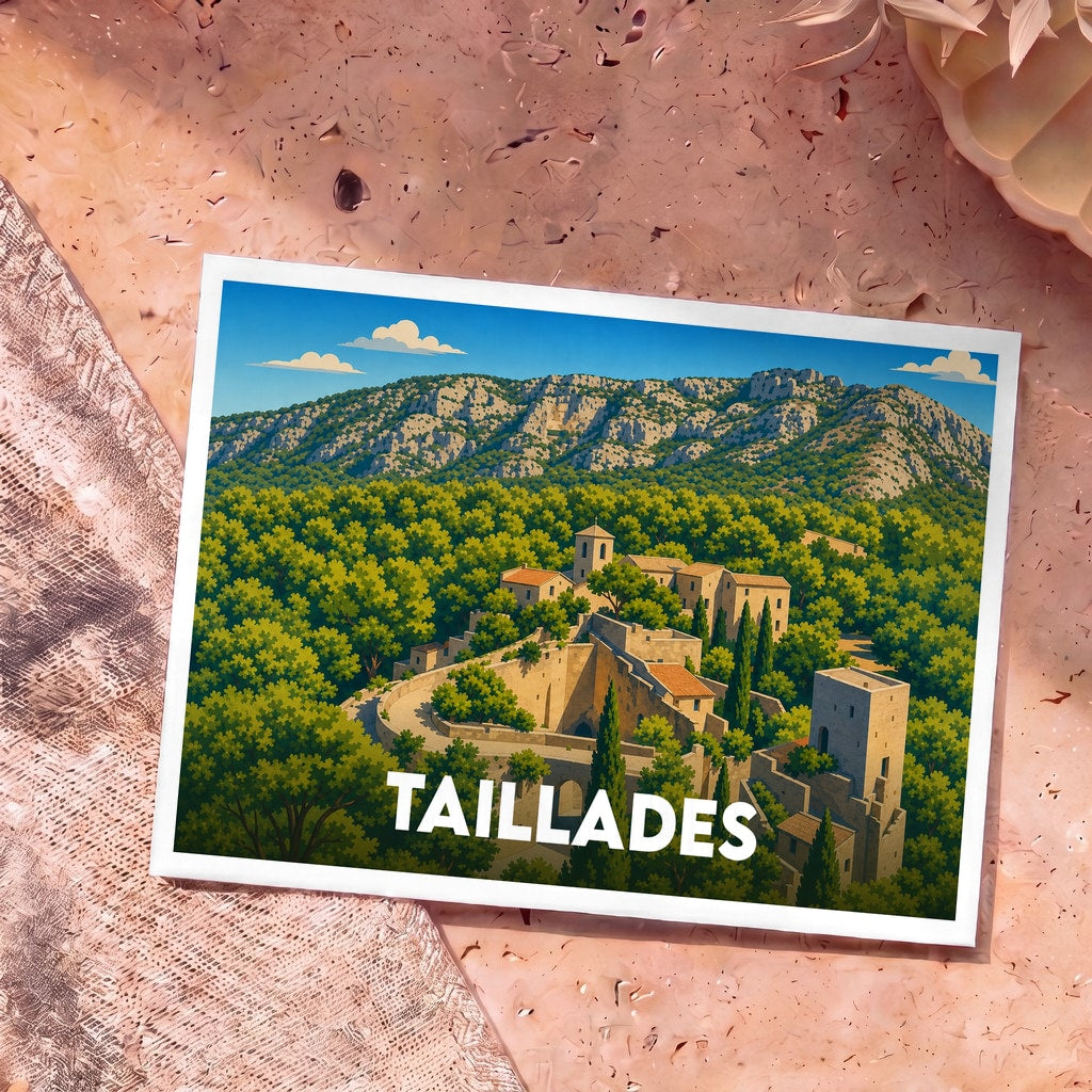 Carte postale souvenir de la ville de Taillades avec une illustration stylisée de son vieux village au pied des falaises.