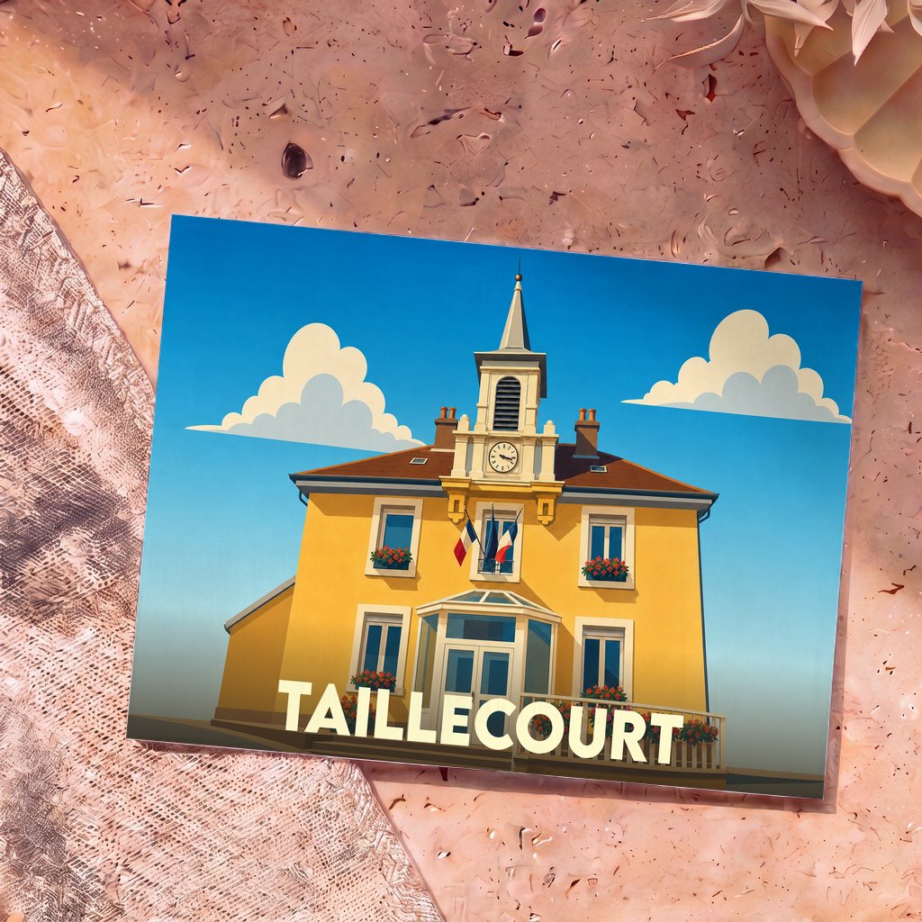 Carte postale souvenir de la ville de Taillecourt illustrant sa mairie dans un style graphique et coloré.