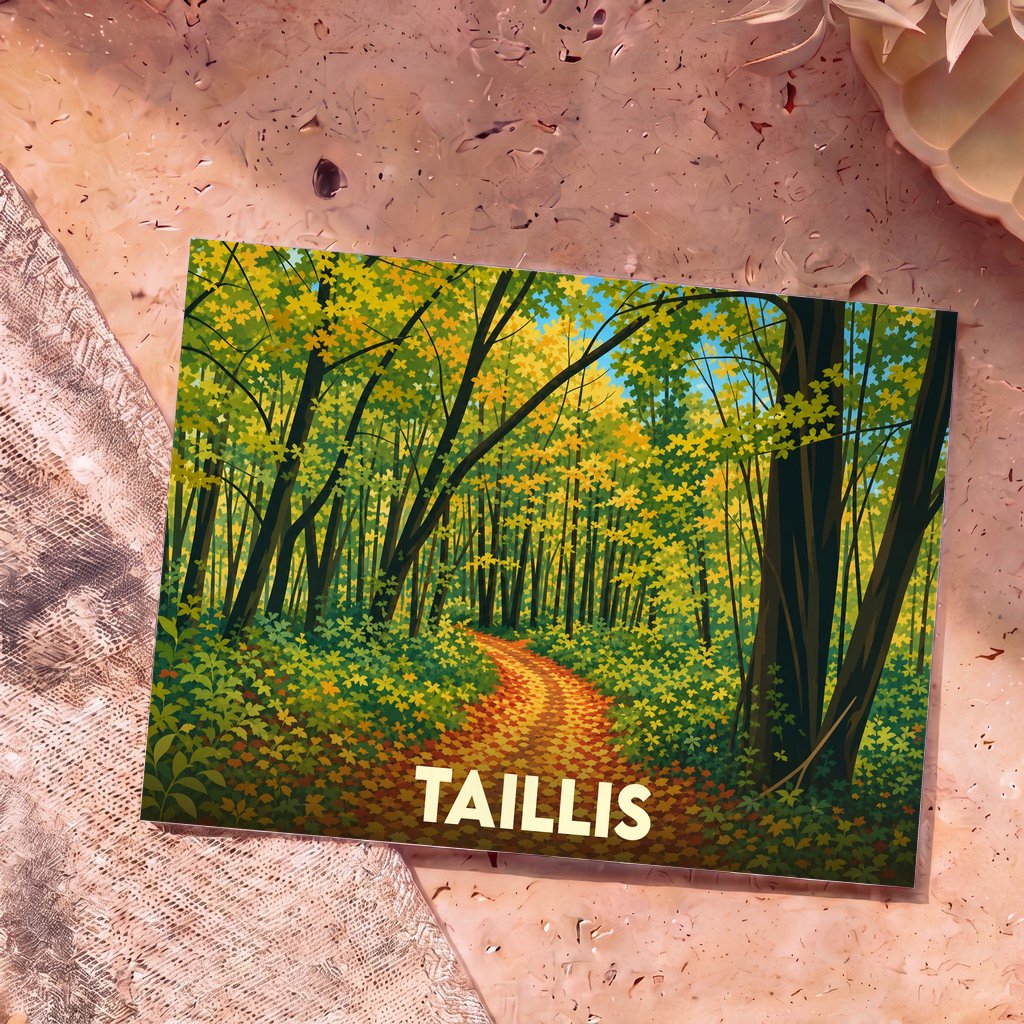 Carte postale souvenir de la ville de Taillis avec une illustration stylisée d'un sous-bois verdoyant et d'un sentier d'automne.