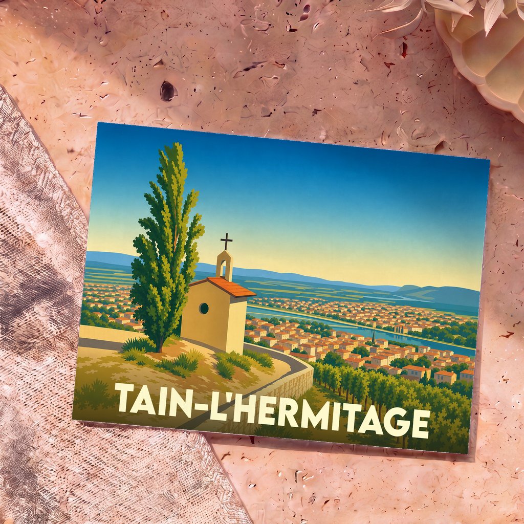 Carte postale souvenir de la ville de Tain-l'Hermitage avec une illustration stylisée de la chapelle surplombant les vignobles et le Rhône.
