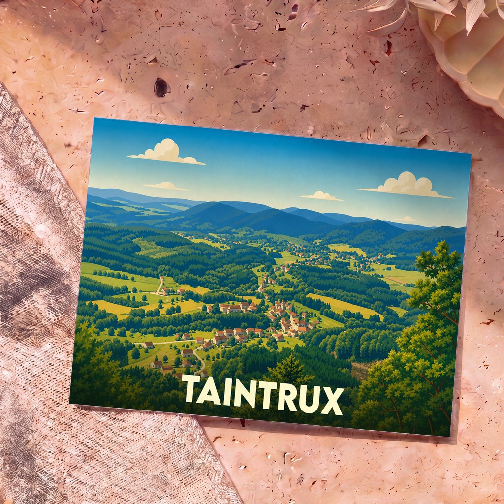 Carte postale souvenir de la ville de Taintrux illustrant un paysage de vallée verdoyante et montagneuse.