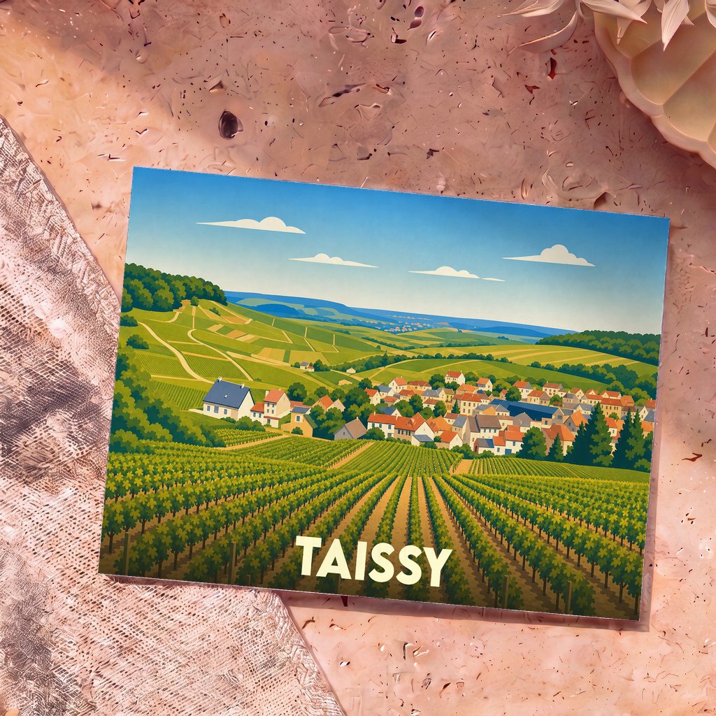 Carte postale souvenir de la ville de Taissy avec une illustration stylisée de son vignoble et de ses maisons.