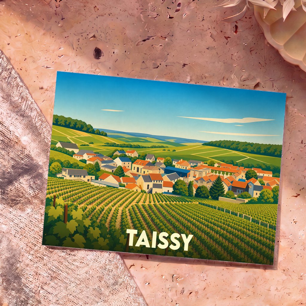 Carte postale souvenir de la ville de Taissy avec une illustration stylisée de ses vignobles et de ses maisons.