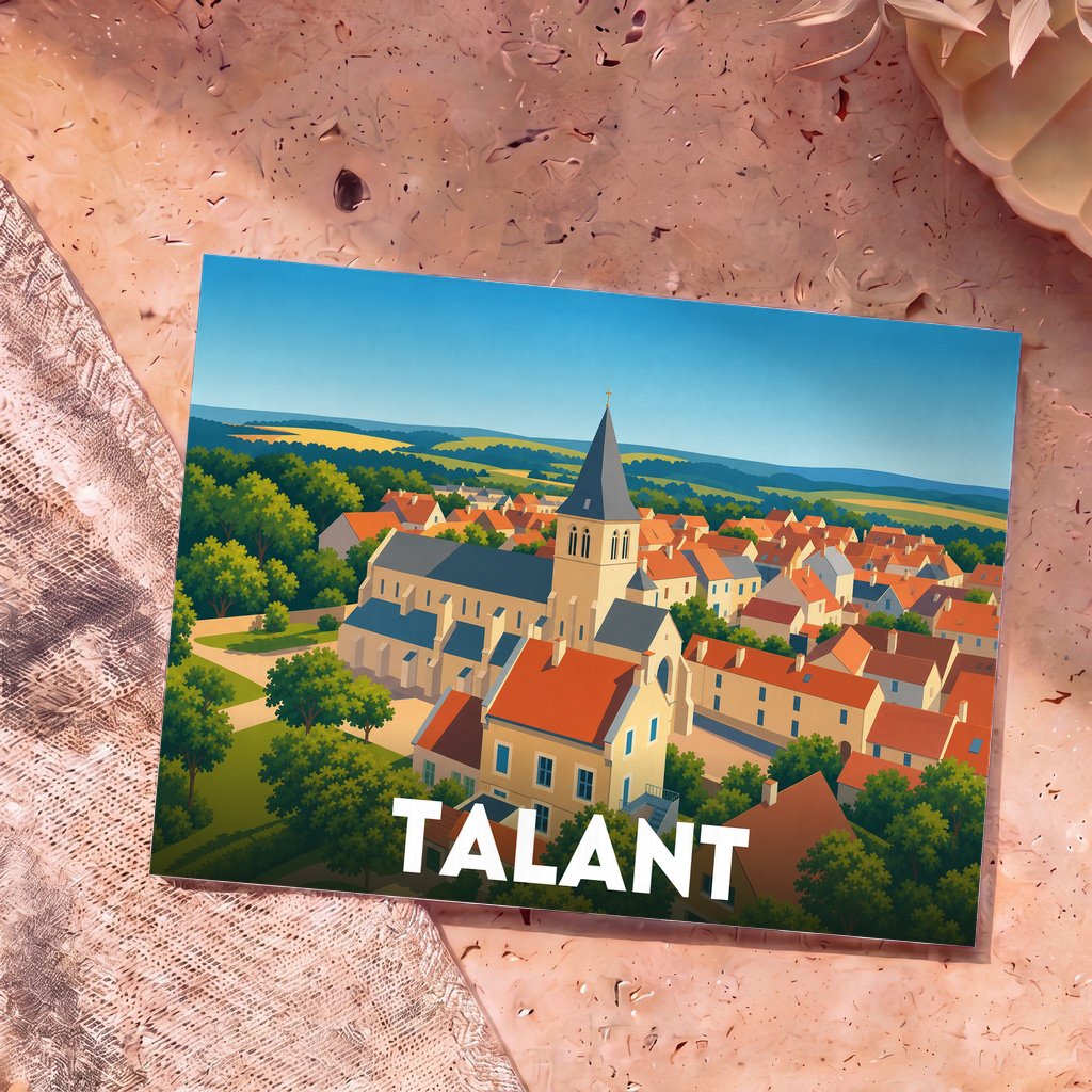 Carte postale souvenir de la ville de Talant illustrant son église et ses toits rouges dans un style épuré.