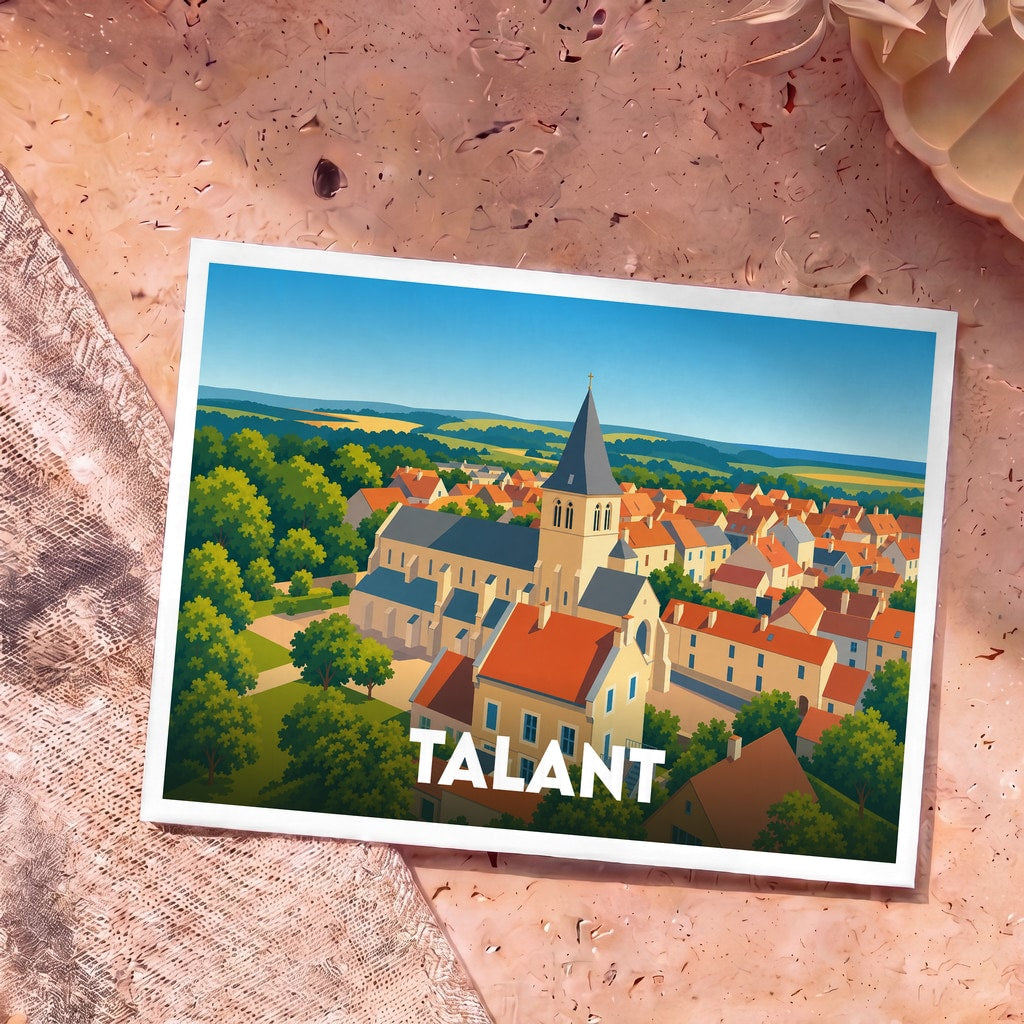 Carte postale souvenir de la ville de Talant illustrant son église et ses toits rouges dans un style épuré.