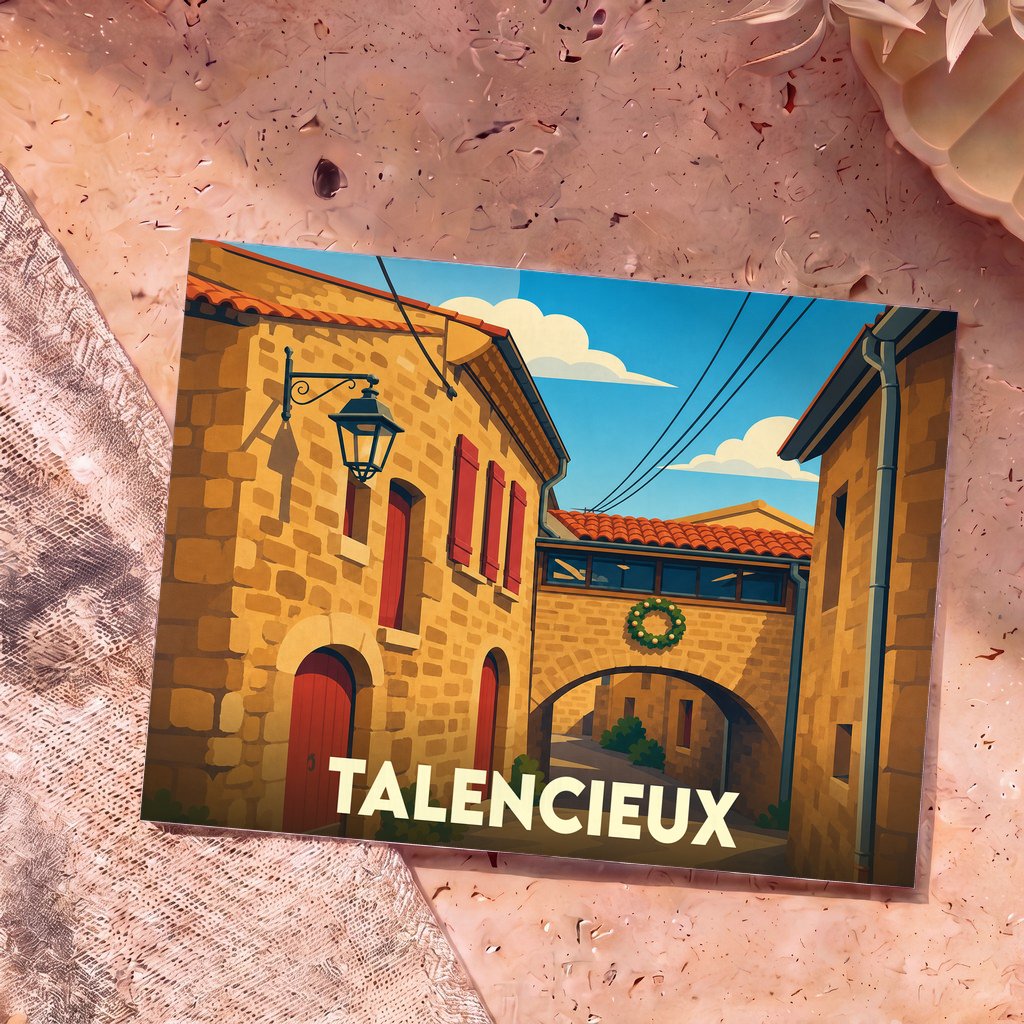Carte postale souvenir de la ville de Talencieux avec une illustration stylisée d'une rue pittoresque en pierre.