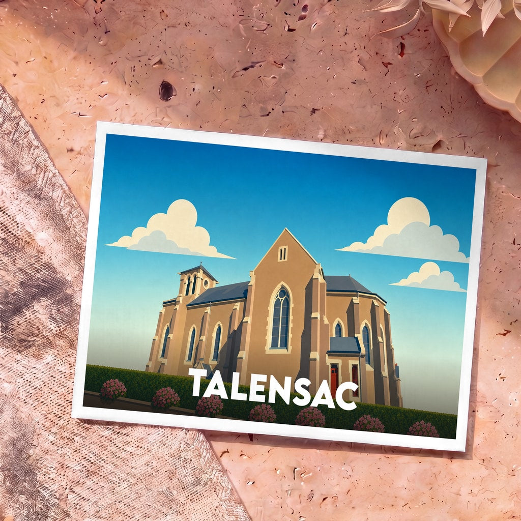 Carte postale souvenir de la ville de Talensac avec une illustration stylisée de son église sous un ciel nuageux.