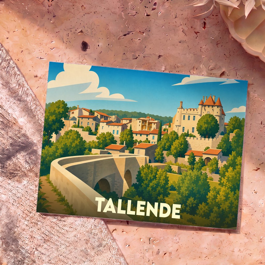 Carte postale souvenir de la ville de Tallende avec une illustration stylisée d'un pont de pierre et d'un château.