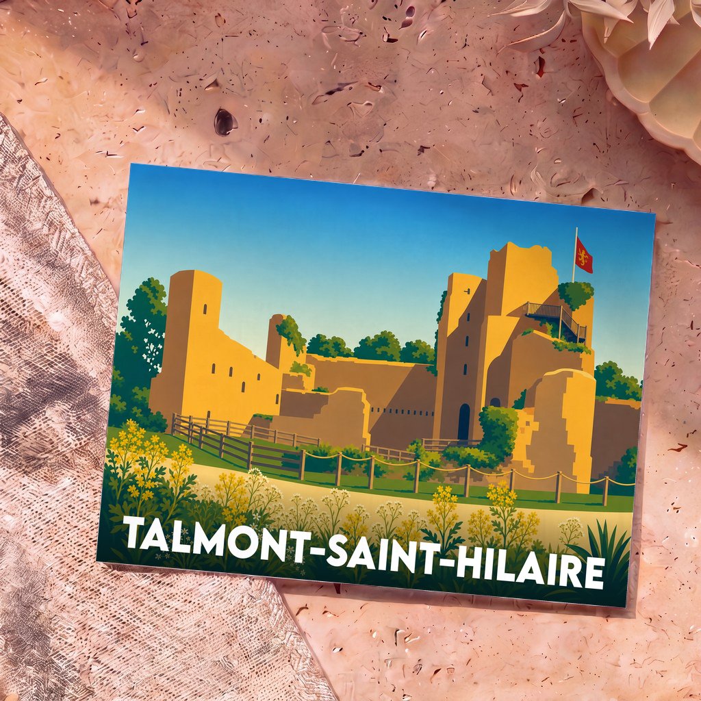 Carte postale souvenir de Talmont-Saint-Hilaire avec une illustration stylisée vue du ciel de son littoral sauvage.