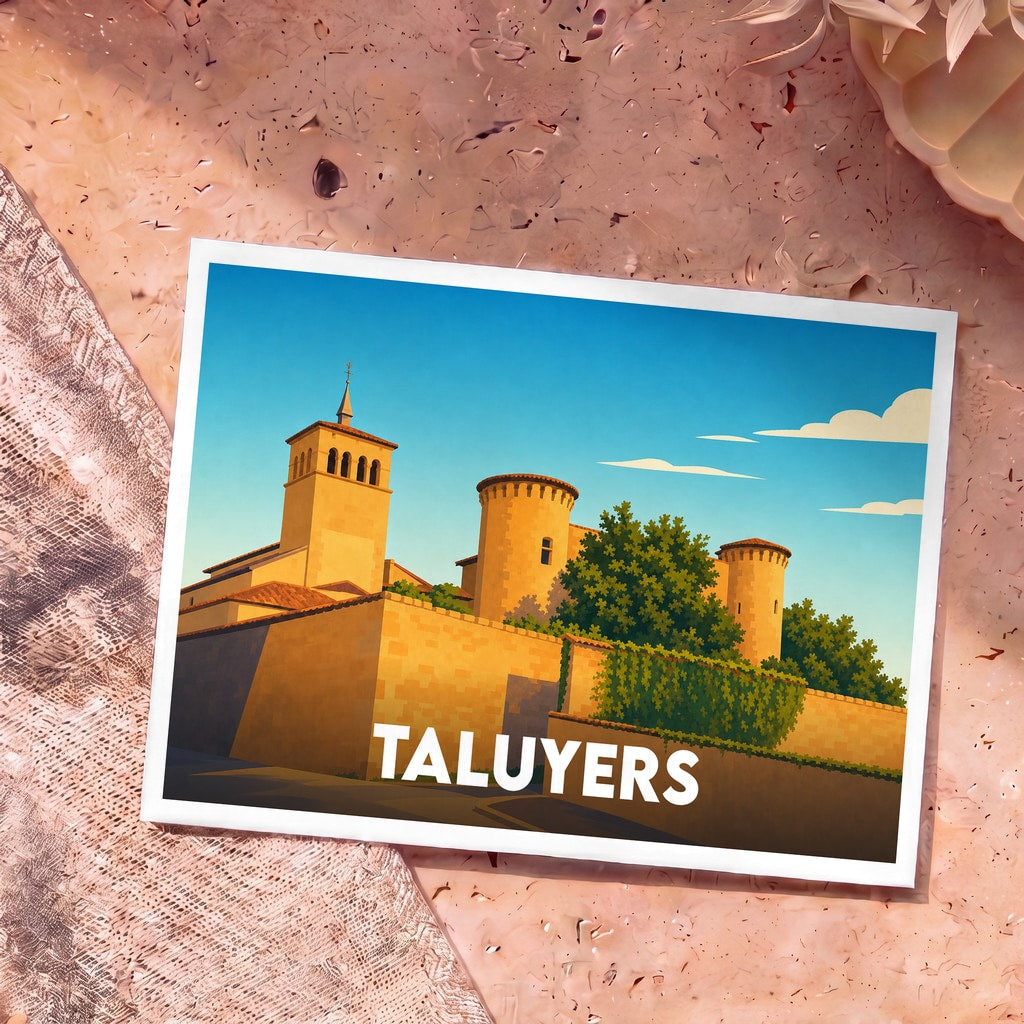 Carte postale souvenir de la ville de Taluyers avec une illustration stylisée de son église et de son château.