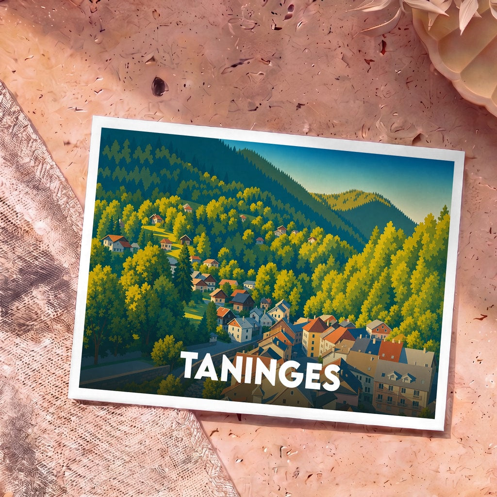 Carte postale souvenir de la ville de Taninges avec une illustration stylisée de son village et ses montagnes.