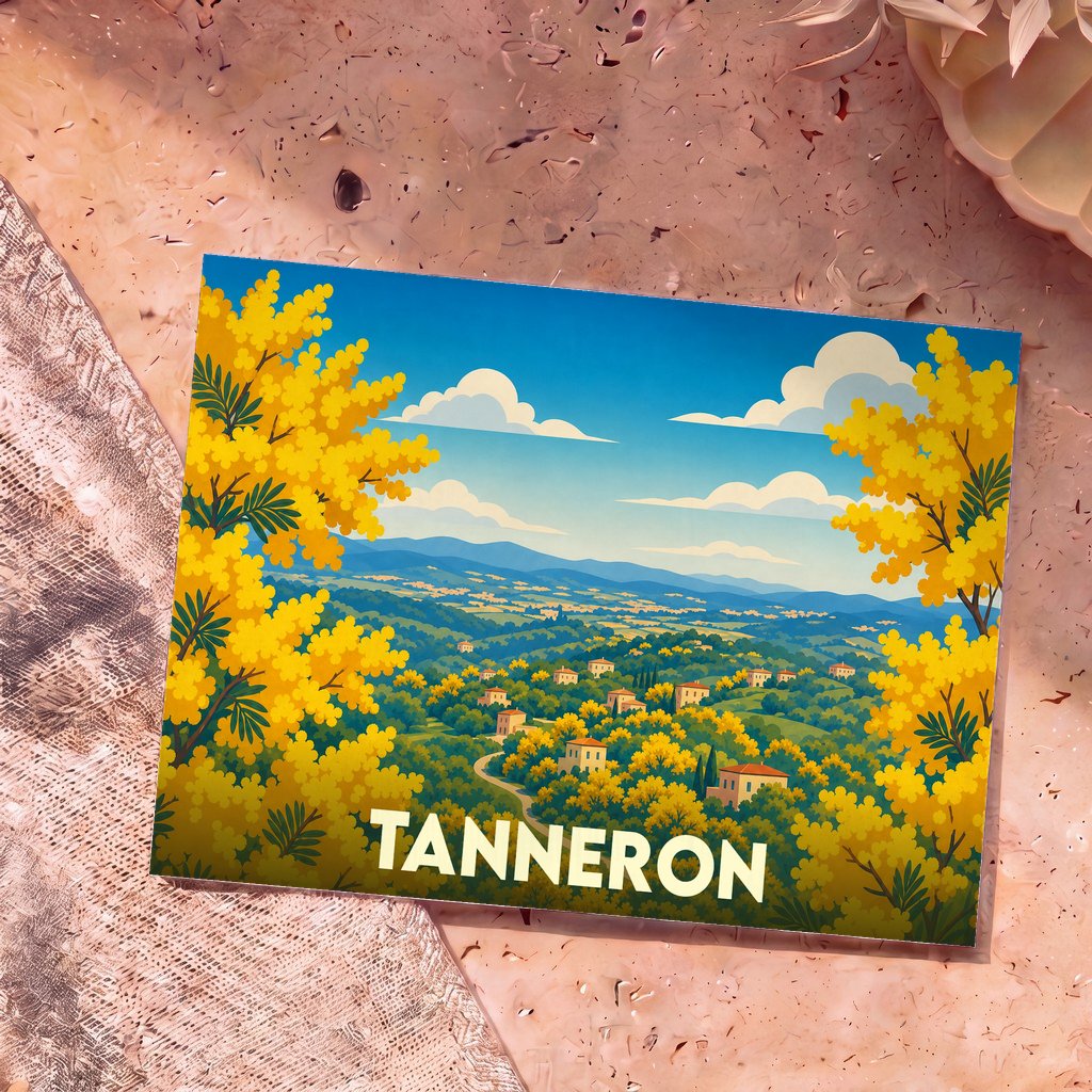 Carte postale souvenir de la ville de Tanneron illustrant ses collines verdoyantes et ses mimosas en fleurs.