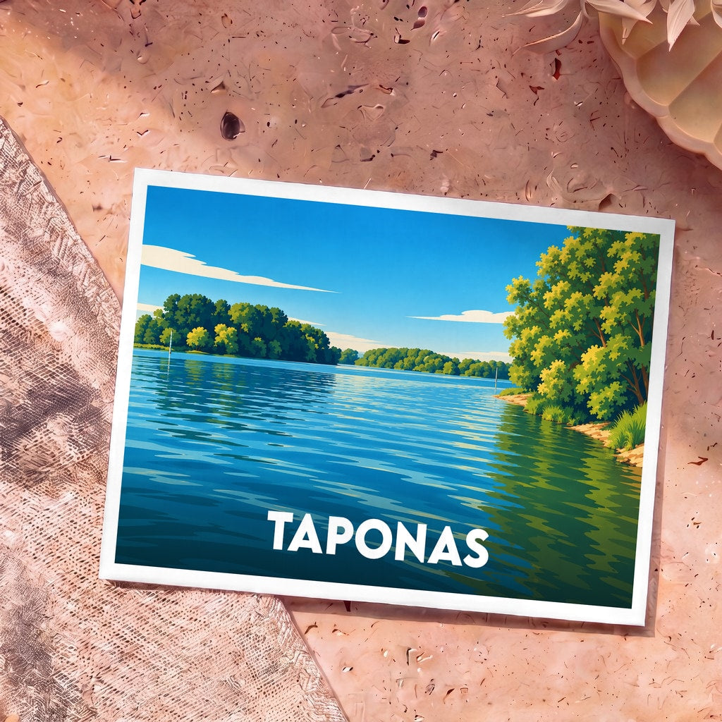 Carte postale souvenir de la ville de Taponas illustrée d'un paysage de bord de Saône aux couleurs vives.