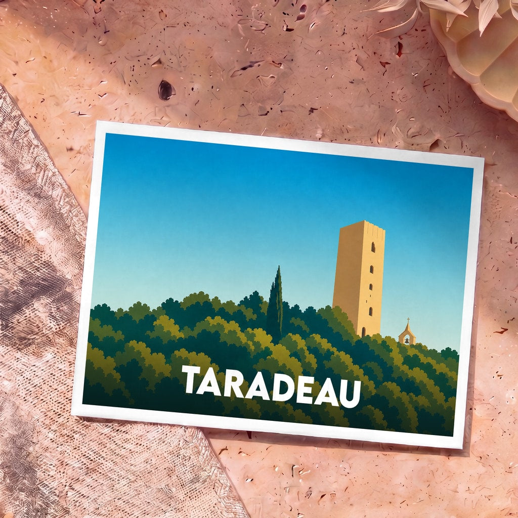 Carte postale souvenir de la ville de Taradeau avec une illustration stylisée d'une tour dominant la forêt.