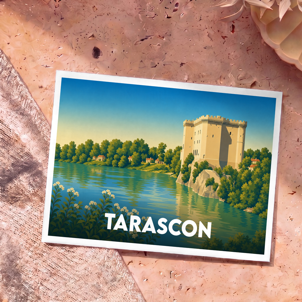 Carte postale souvenir de la ville de Tarascon avec une illustration stylisée du château bordant le Rhône.