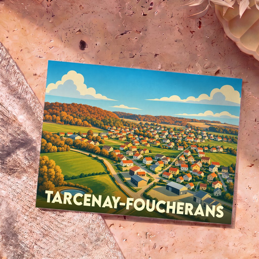 Carte postale souvenir de la ville de Tarcenay-Foucherans avec une illustration stylisée d'un village niché dans une vallée verdoyante.