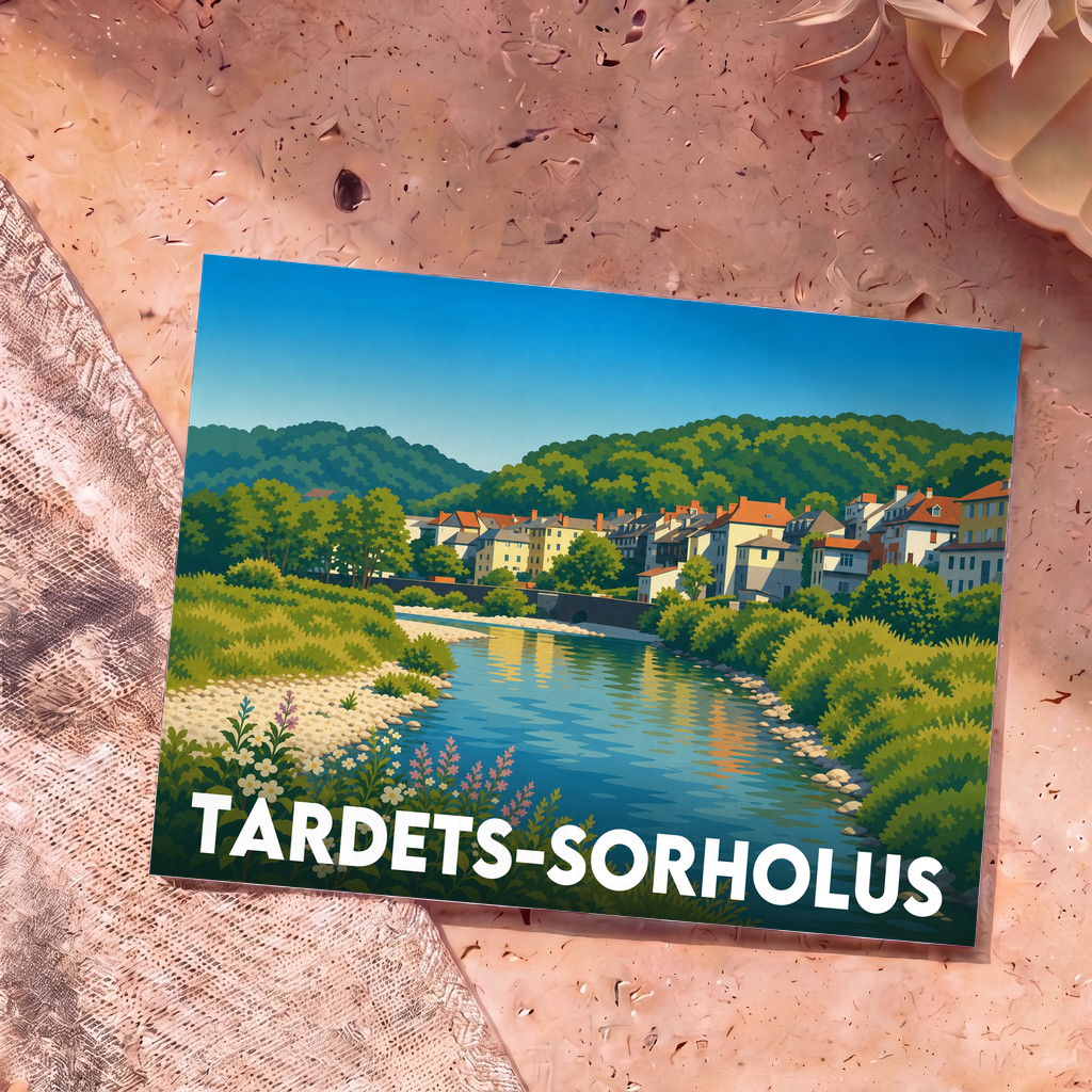 Carte postale souvenir de la ville de Tardets-Sorholus avec une illustration stylisée d'un village au bord de l'eau.