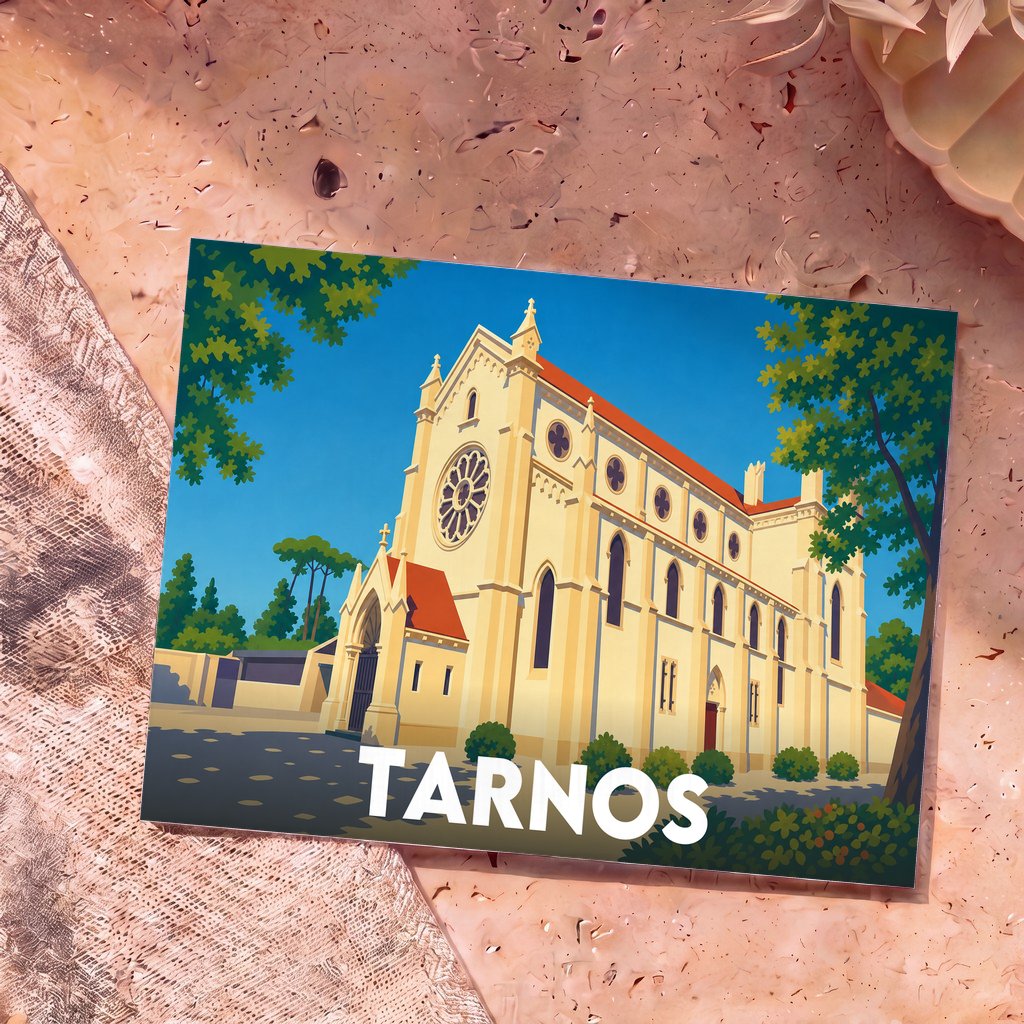 Carte postale souvenir de la ville de Tarnos illustrant son église dans un style graphique épuré.